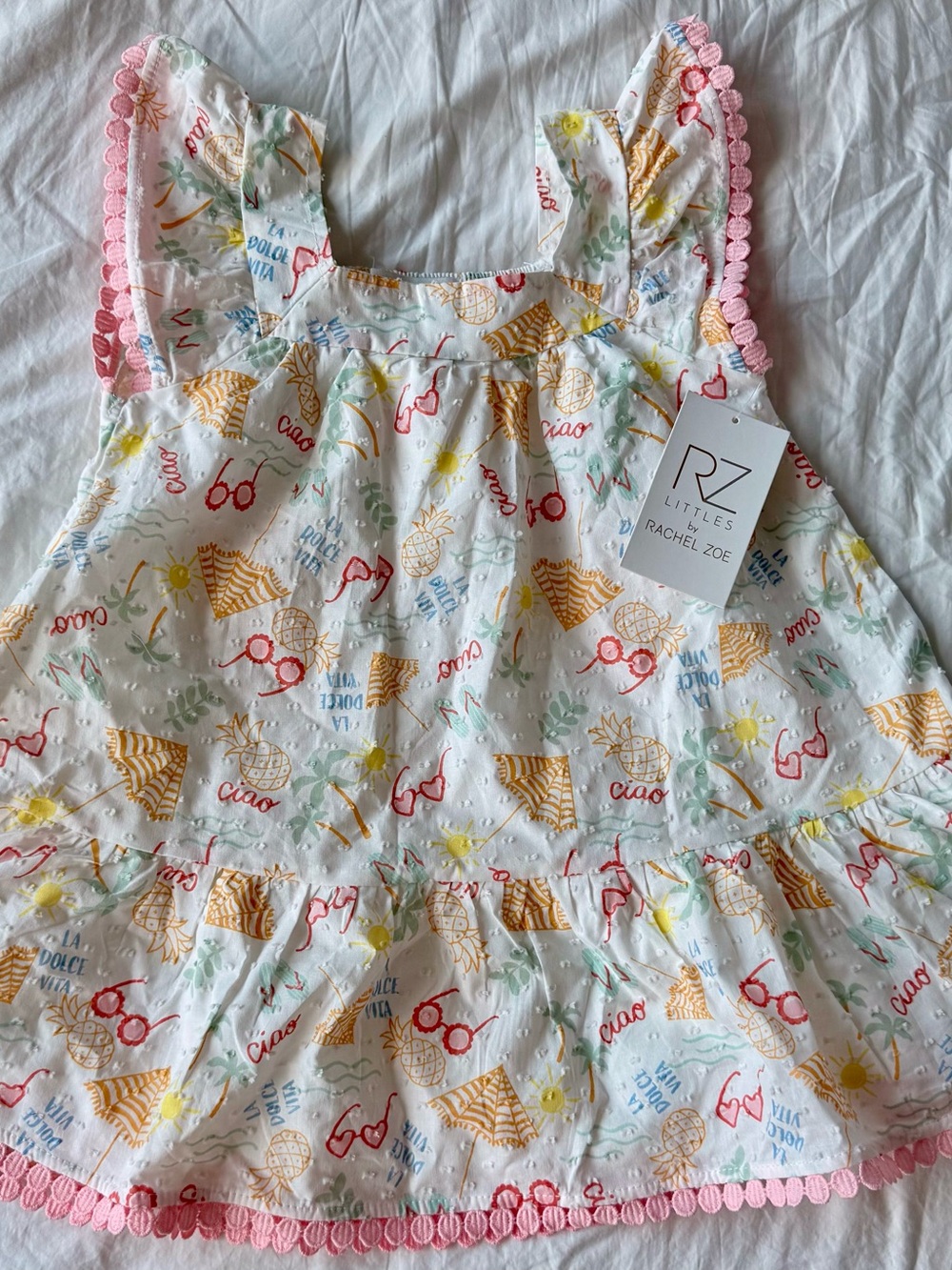 NWT Rachel Zoe Summer Print Ruffle Dress with Pink Trim